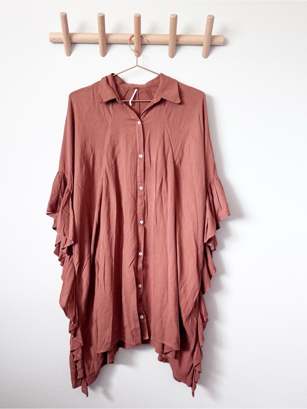 Free People Ruffled Button-Front Tunic Shirt in terracotta